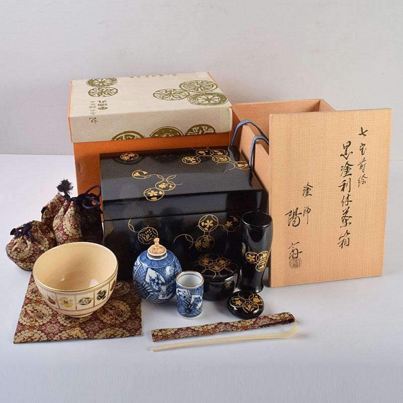 茶道具 岡本陽斉作 七宝蒔絵 利休茶箱 棗など 八点一式
