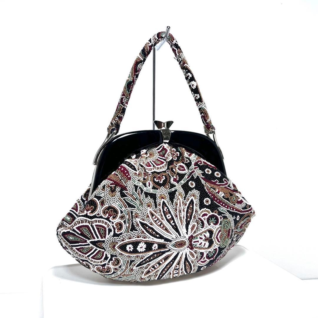 【美品】KUJAKUDO/ビーズ総刺繍/総柄/がま口/ビーズバッグ ハンドバッグ