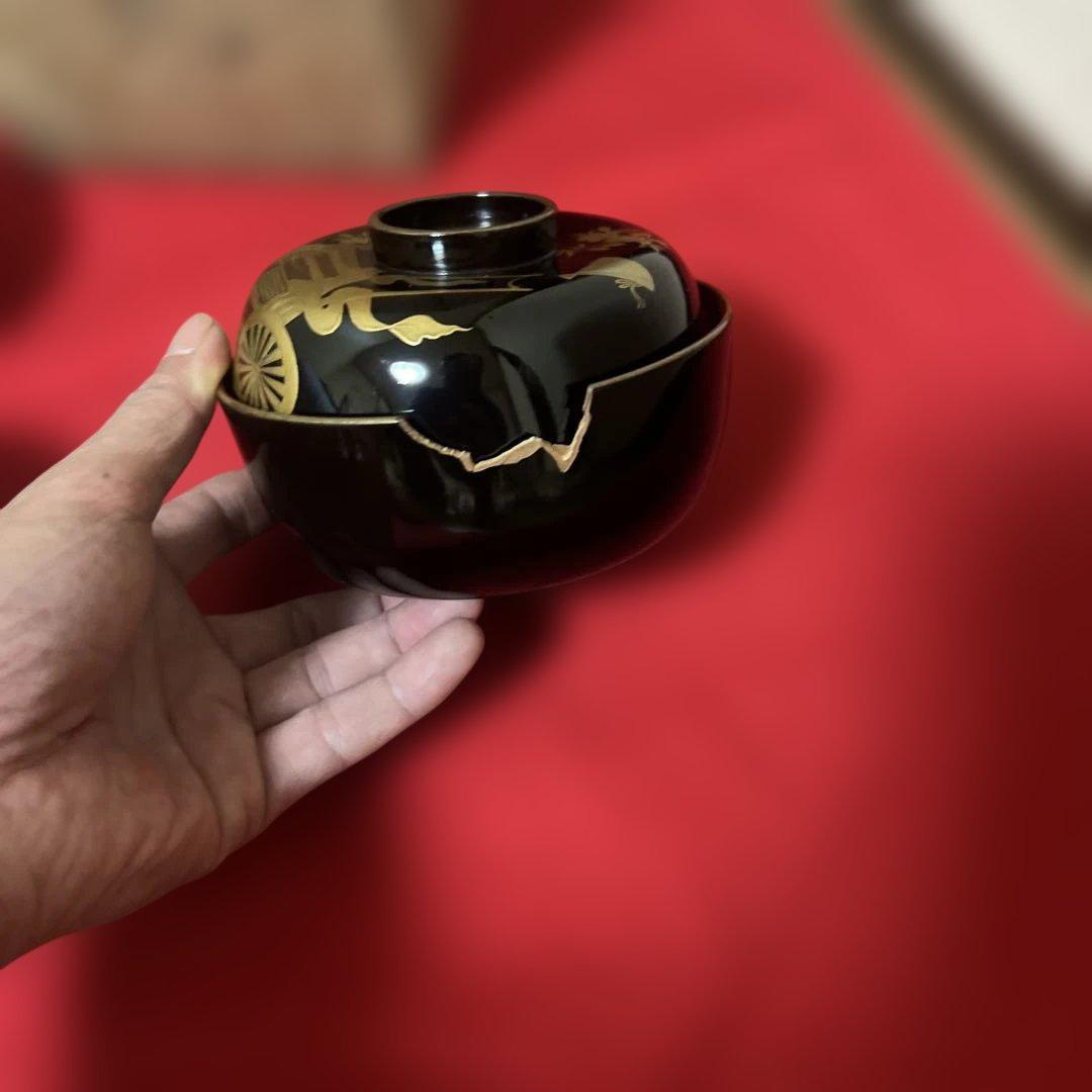 旧家蔵出　輪島塗吸物椀　木製　黒塗金蒔絵　金縁