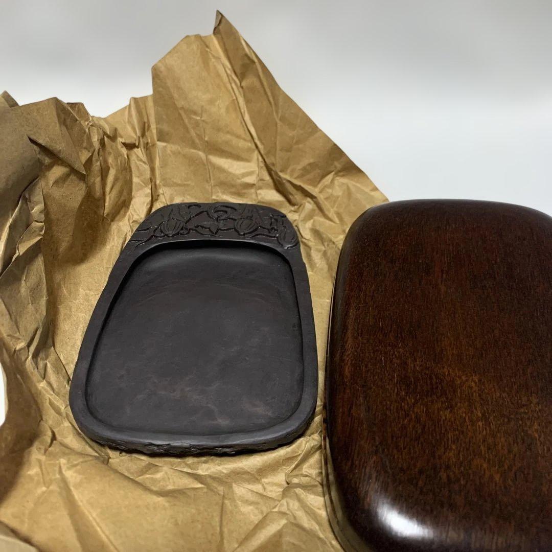 硯　書道具　瓜模様　天然石　木箱付き