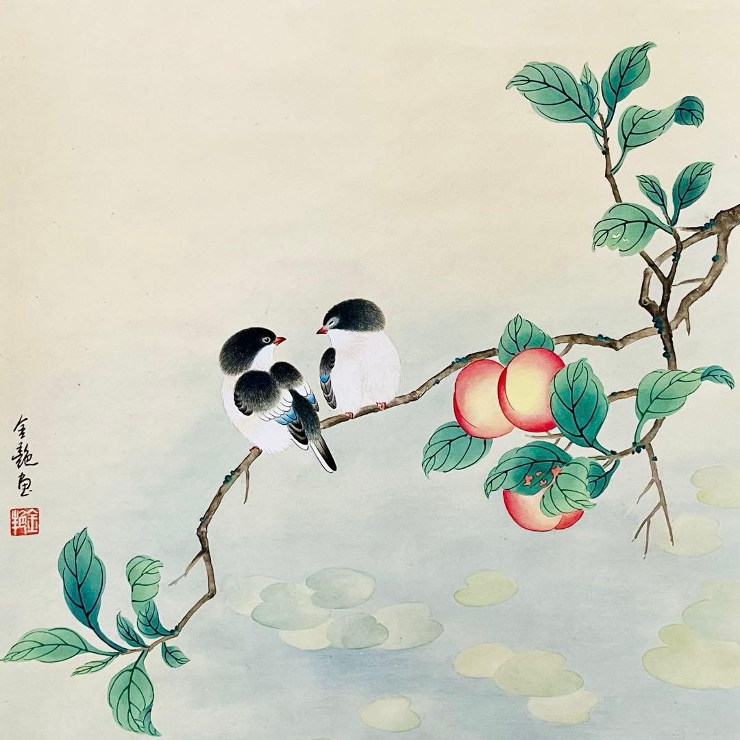 本表装】肉筆掛け軸花鳥画 細筆画「双鳥図」美術品 絵画 和室 茶室