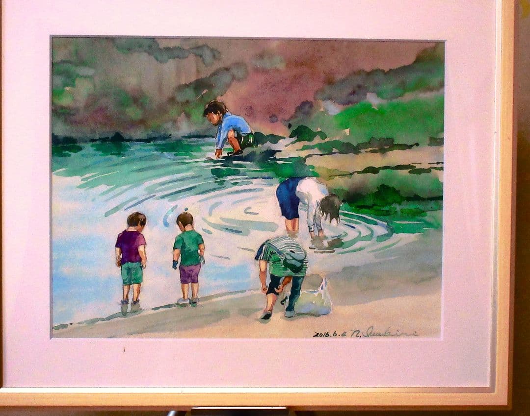 水彩画 子供たちと水遊び 2016年F6サイズ 額装済み