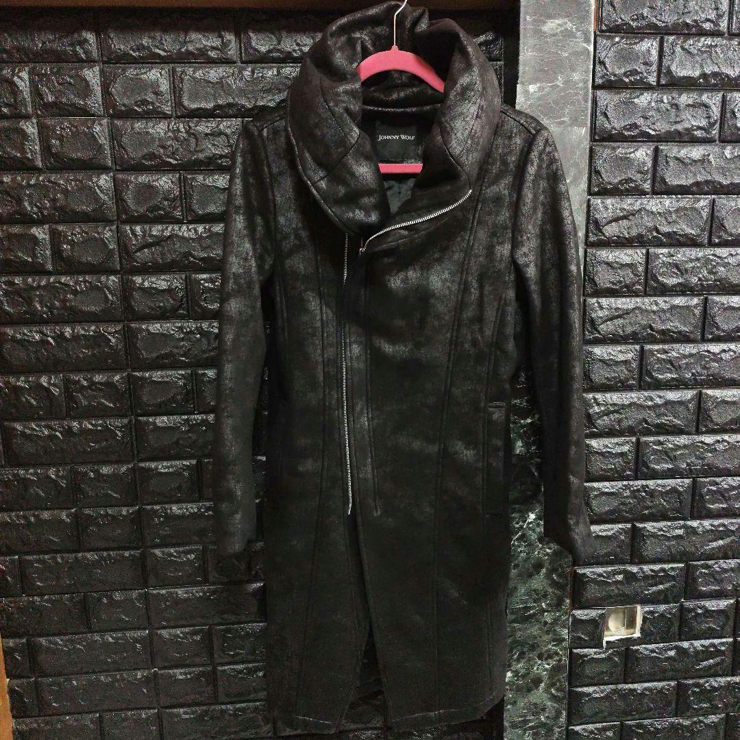 美品　JOHNNY WOLF　豹柄　BIGフーデッドロングライダースコート