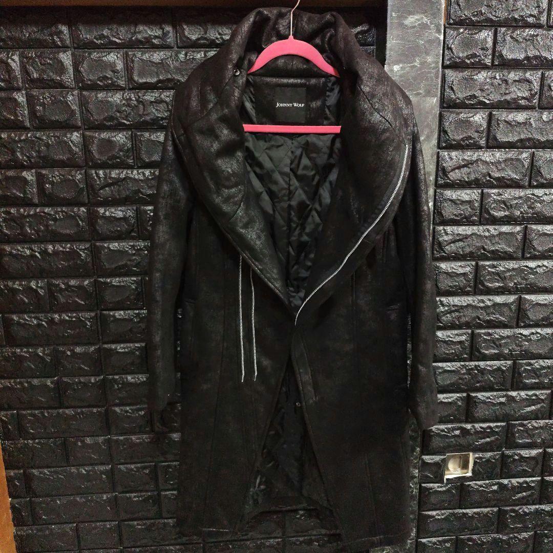 美品　JOHNNY WOLF　豹柄　BIGフーデッドロングライダースコート
