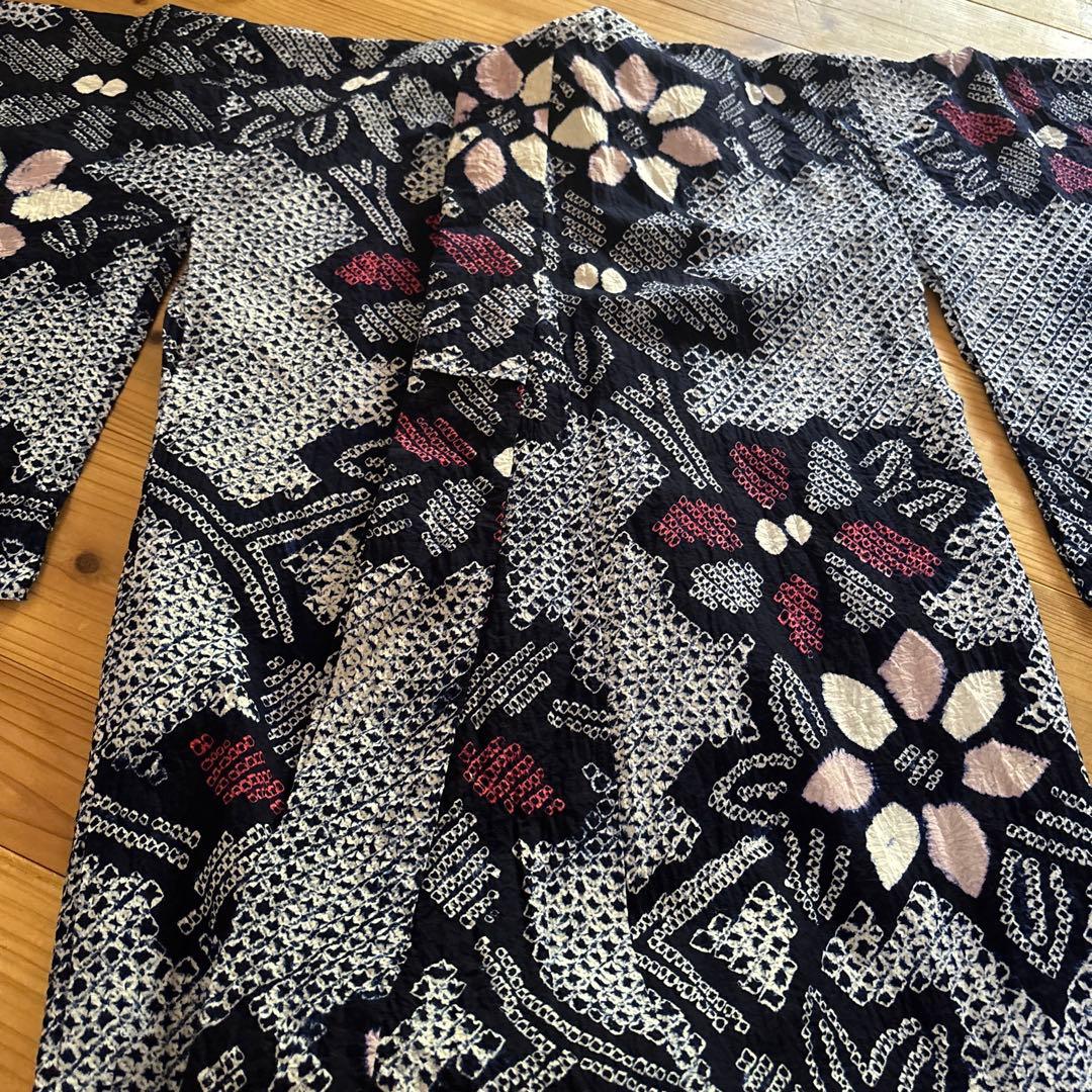 【SALE】有松鳴海絞り浴衣 花繋ぎ 手縫い 身丈153.5 藍染 絞り 浴衣