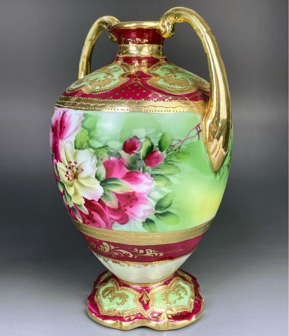 オールドニッポン ２２㎝ アールヌーボー様式 薔薇紋 花瓶 バラ つつじ アザレ