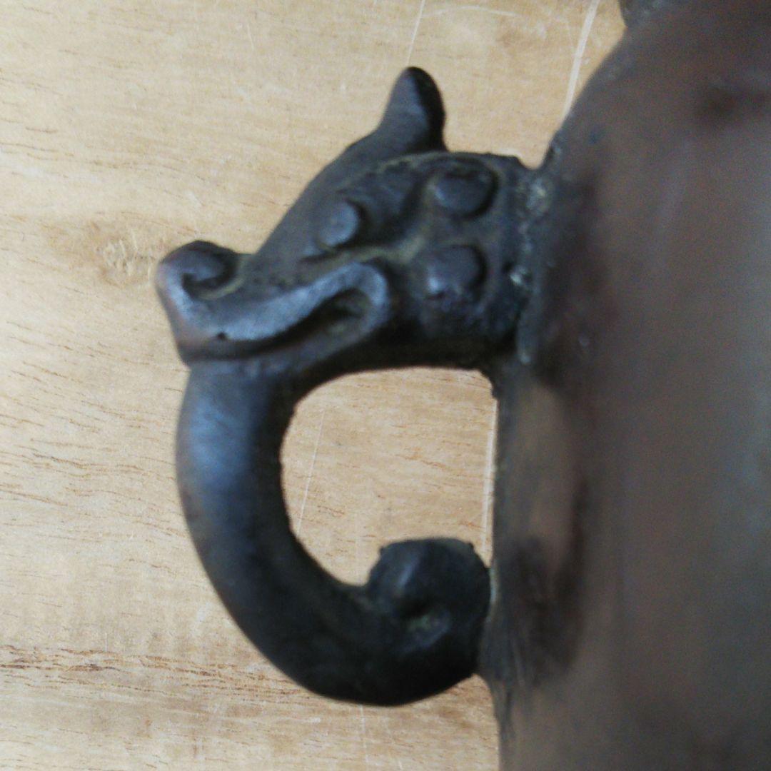 香炉 銅製 一角獣耳 鶴彫り