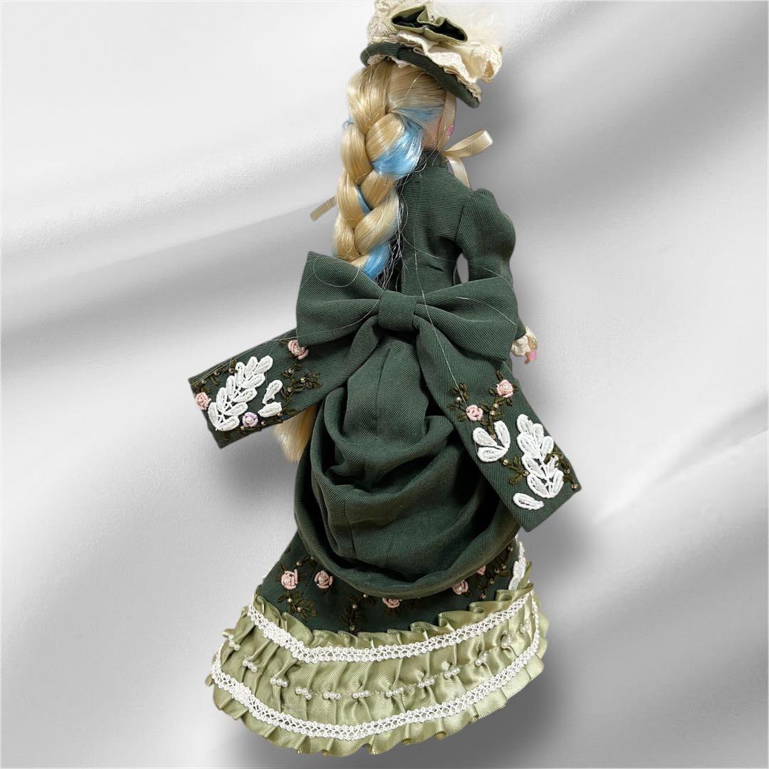 ジェニー鹿鳴館時代風シルク100%刺繍バッスルドレスセット深緑グリーン