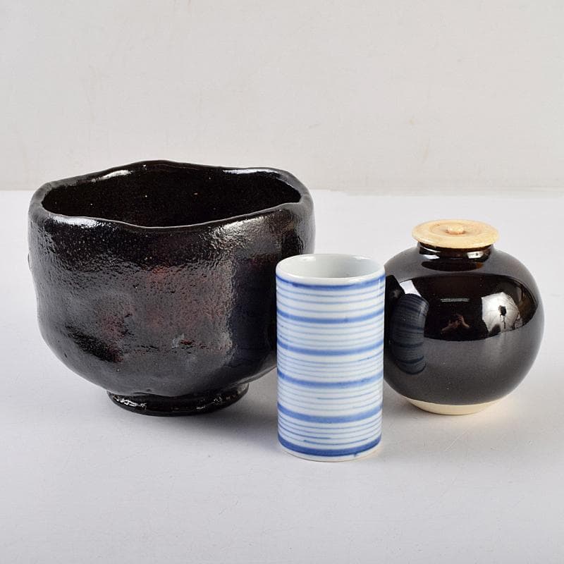 茶道具 うるみ塗 七宝蒔絵 利休茶箱 棗 黒楽茶碗など 七点 一式 MR9482