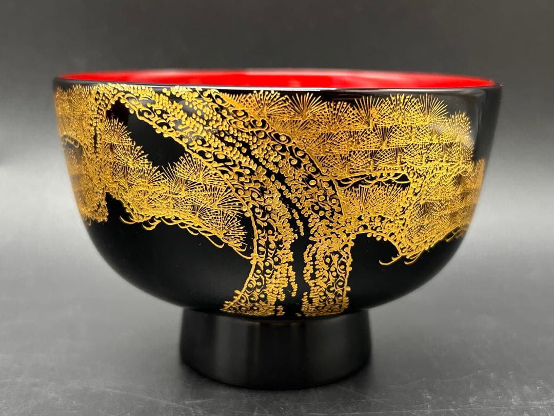 【希少品】沈金　川連漆器　お椀　大関 廣　雅号・廣道　桜　松　赤　黒　名入り