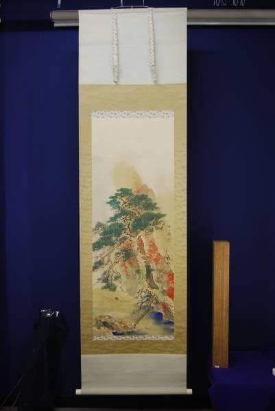 真作/山中芳谷/秋景山水雨中筏下り図/布袋屋掛軸HB-565