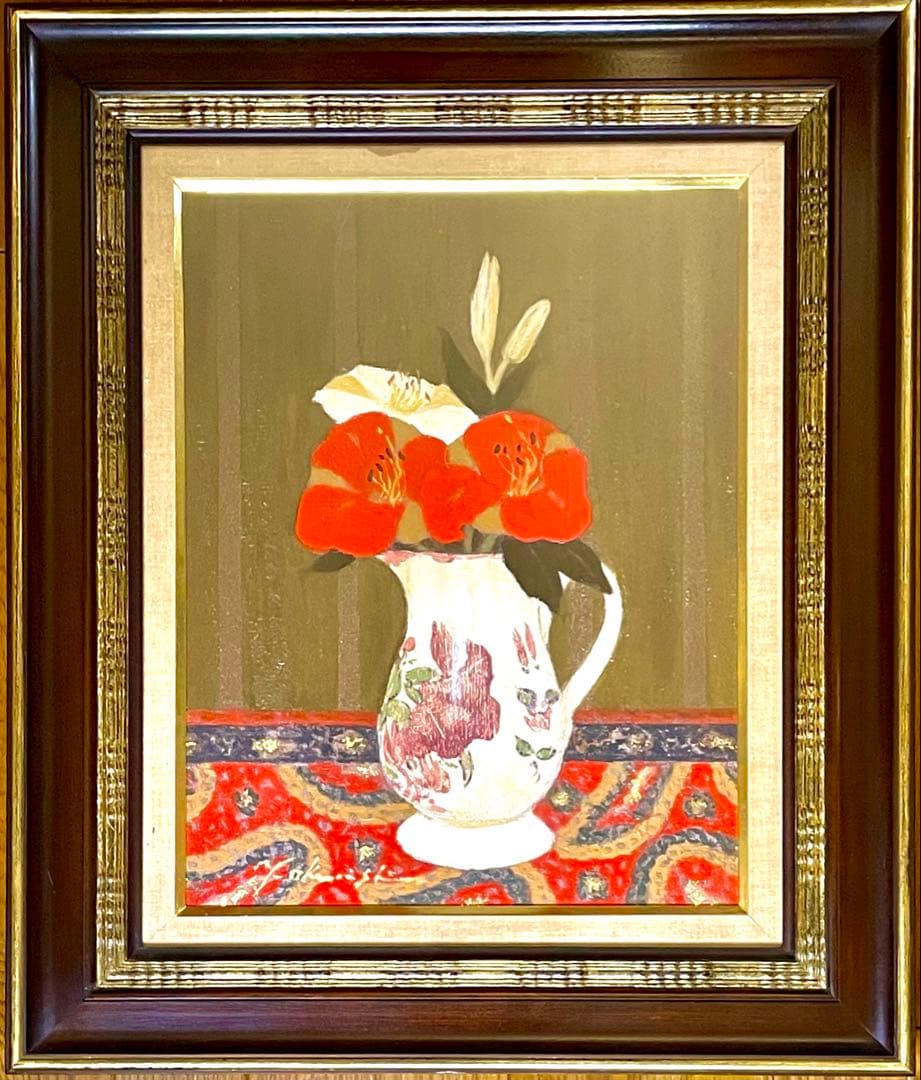 奥西賀男　真作「デー・リリー」油彩6号　上品な作品　師：小磯良平　古径高級額装