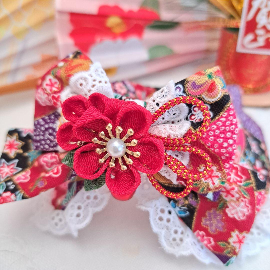 お正月仕様和風つまみ細工(赤④)わんちゃん猫ちゃん用襟つき首輪｜