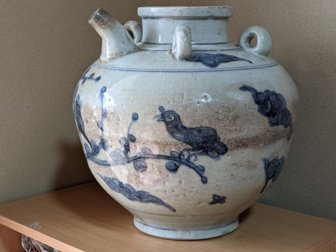 ⭐中国古陶磁 明時代末 染付 麒麟鳥紋様 四耳壺 古玩 古美術品 骨董品