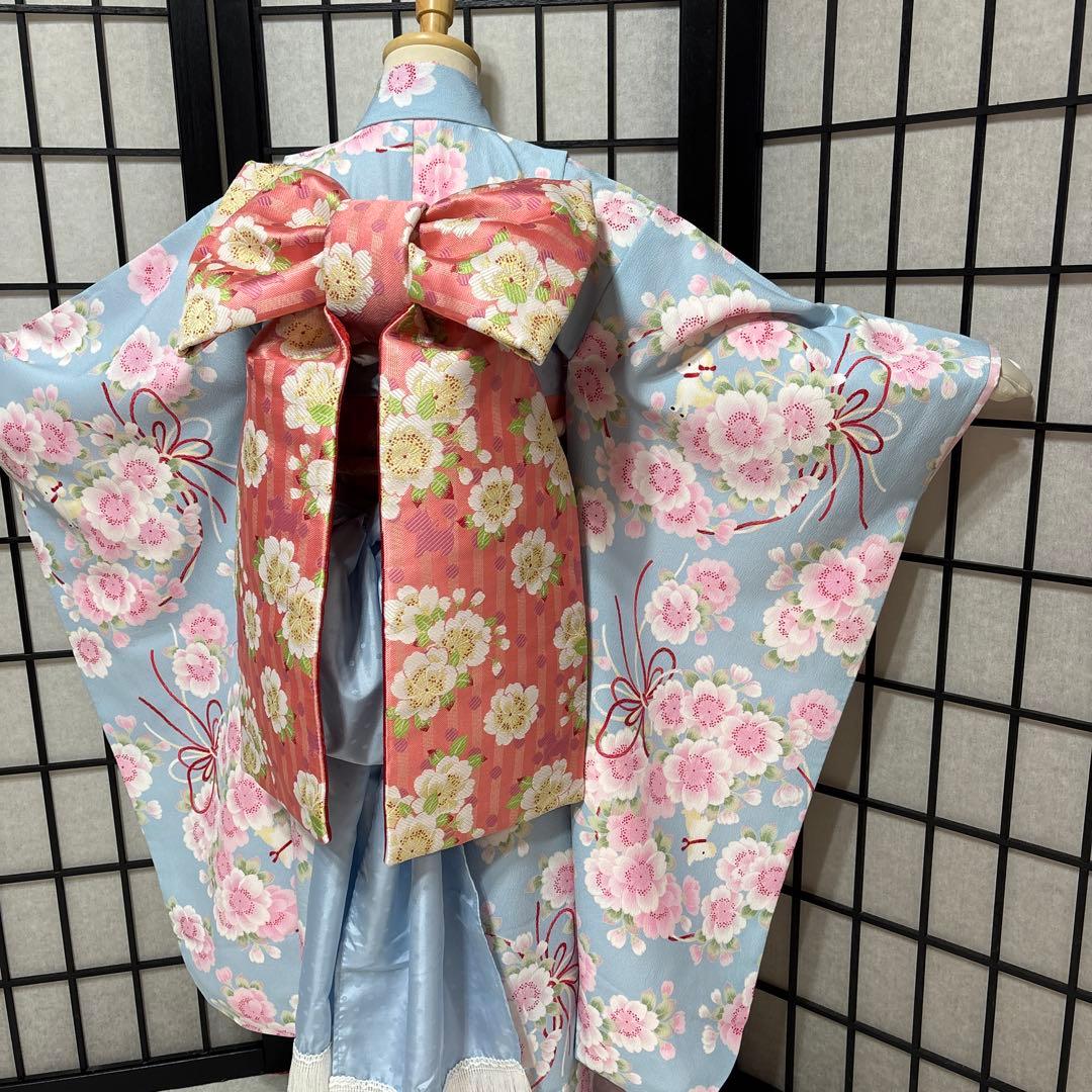 七五三　着物セット　7歳　水色　花柄　ポンポネット