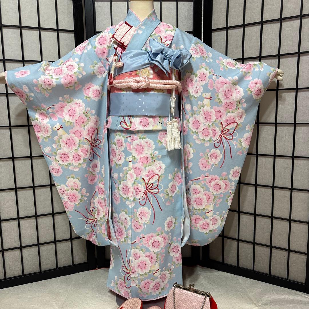 七五三　着物セット　7歳　水色　花柄　ポンポネット