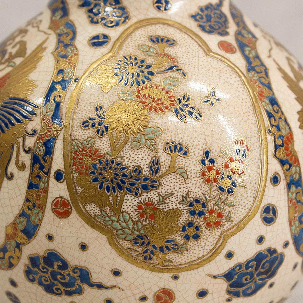 薩摩焼 丸十字 薩摩 明治期 瓢箪型金彩鳳凰文 花瓶 金襴手 アンティーク