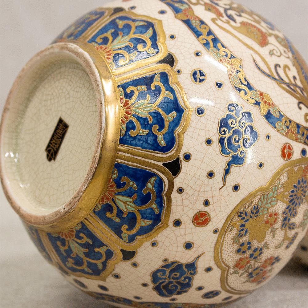 薩摩焼 丸十字 薩摩 明治期 瓢箪型金彩鳳凰文 花瓶 金襴手 アンティーク