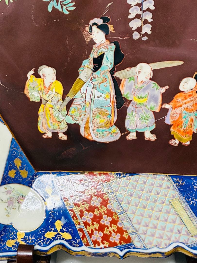 明治初期 香蘭社 色絵褐地藤絵人物文 ブラックホーソン六角大皿