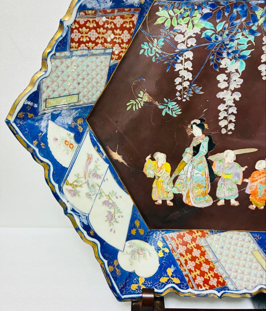 明治初期 香蘭社 色絵褐地藤絵人物文 ブラックホーソン六角大皿