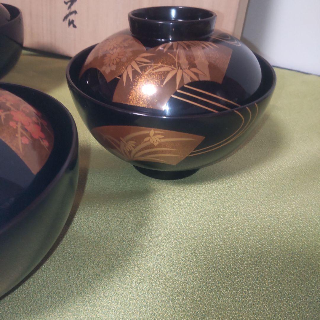 輪島塗 金 蒔絵 扇面 蓋付 椀 吸物椀 竹 梅 木箱 伝統工芸