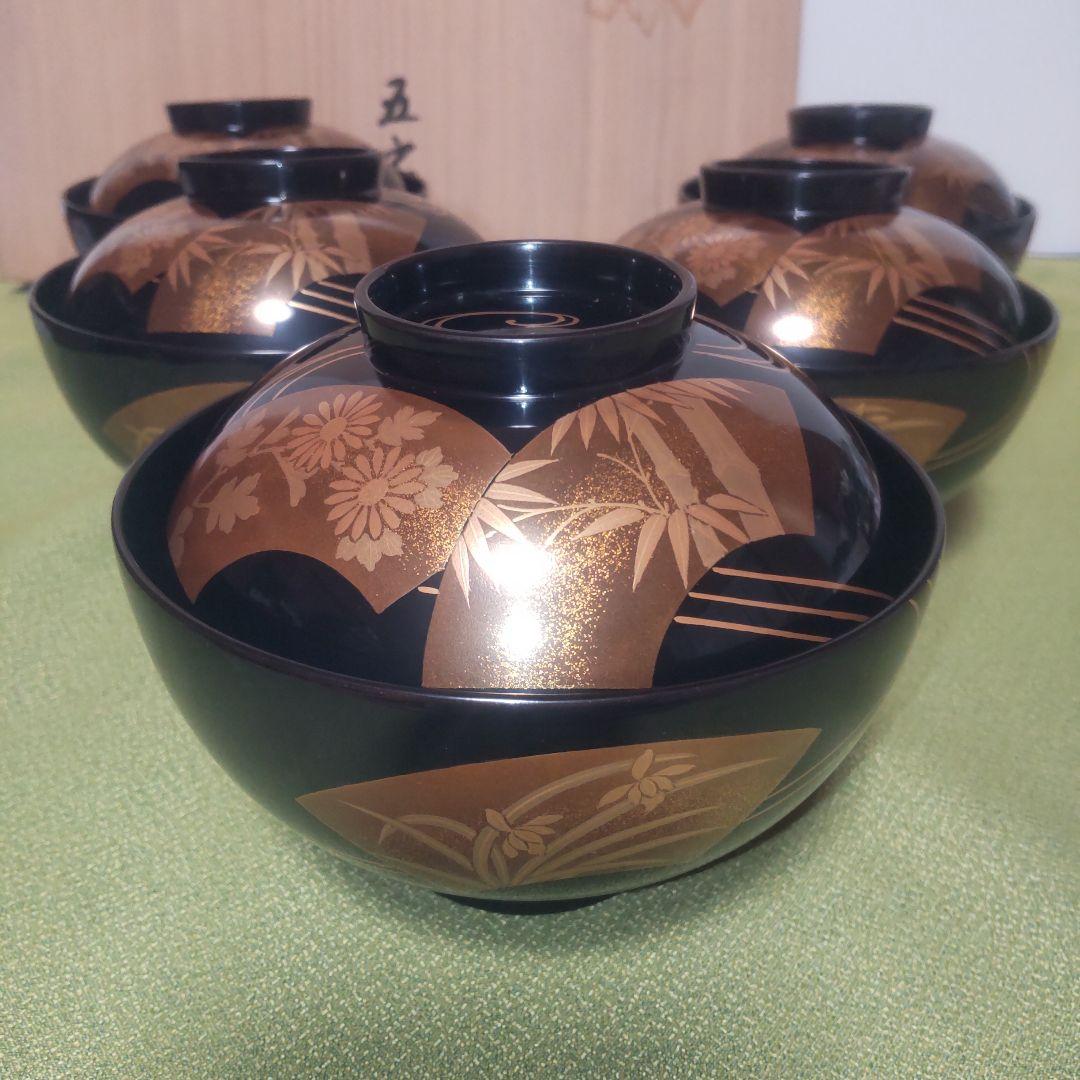 輪島塗 金 蒔絵 扇面 蓋付 椀 吸物椀 竹 梅 木箱 伝統工芸