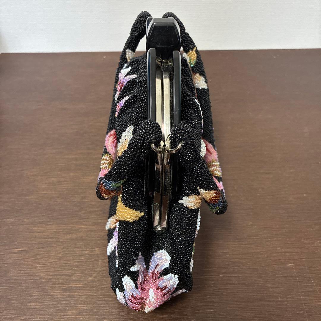 花柄　ビーズハンドバッグ　和装　着物　昭和レトロ　ビーズバッグ　がま口