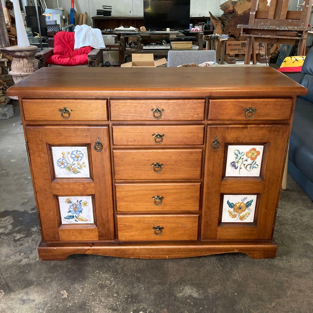 引き取り可能 スペイン製 天然木 バレンシアチェスト 北欧 花柄タイル 箪笥