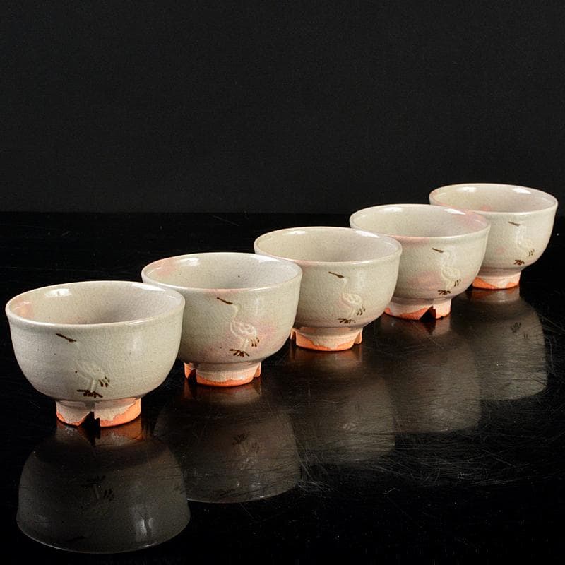 古曽部焼 高槻古曽部 寒川義崇造 立鷺 汲出茶碗 五客 共箱 M R5724