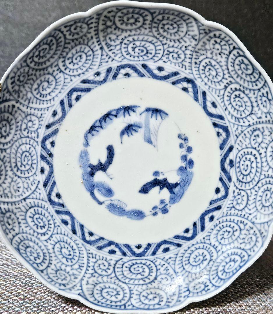江戸時代後期 文化文政期頃 古伊万里 染付 たこ唐草文様 17.8cm 輪花皿