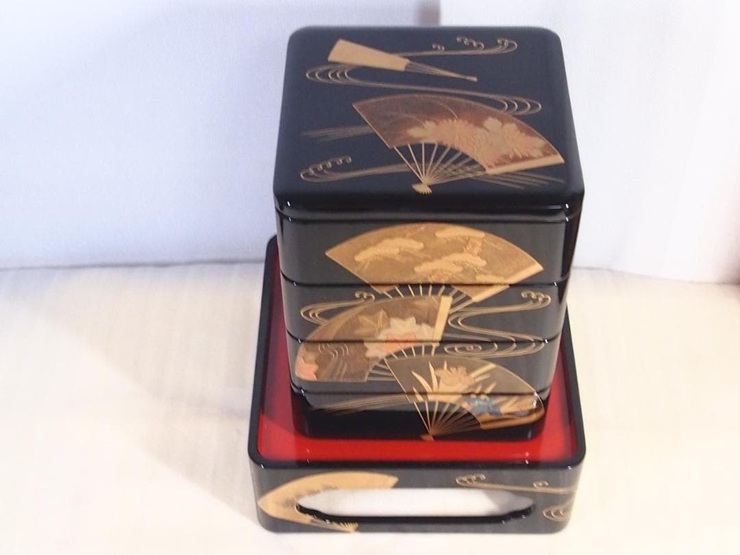 【高級・未使用】輪島塗 道甫作 扇面蒔絵 四段重箱 台付き お重/弁当箱 漆器