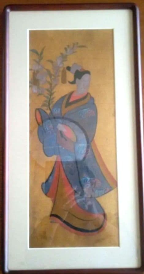 模写大津絵、花を持つ女性、額付き 美術品・アンティーク・コレクション