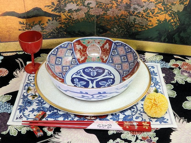 大聖寺伊万里　寿に金唐草　中陰菱に花菱紋の図　大振膾皿　B340AS-CVc 大聖寺伊万里 寿に金唐草 中陰菱に花菱紋の図 大振膾皿 B340AS-CVc