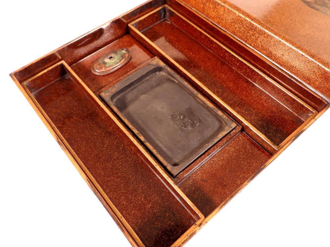 時代漆器 内金梨地 夜桜金蒔絵 硯箱一式 水滴/硯/書道具 筆墨紙硯