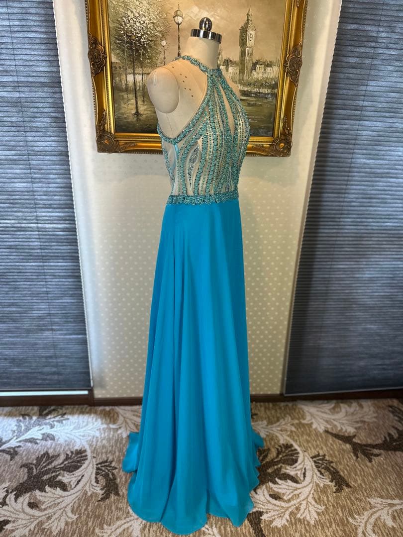 未使用傷あり☆水色ビーズ装飾ロングドレス