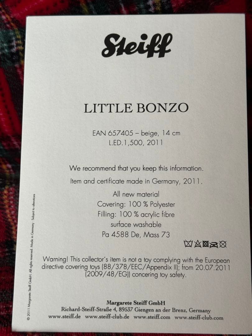 新品レア。シュタイフ　LITTLE BONZO シリアルナンバー付き