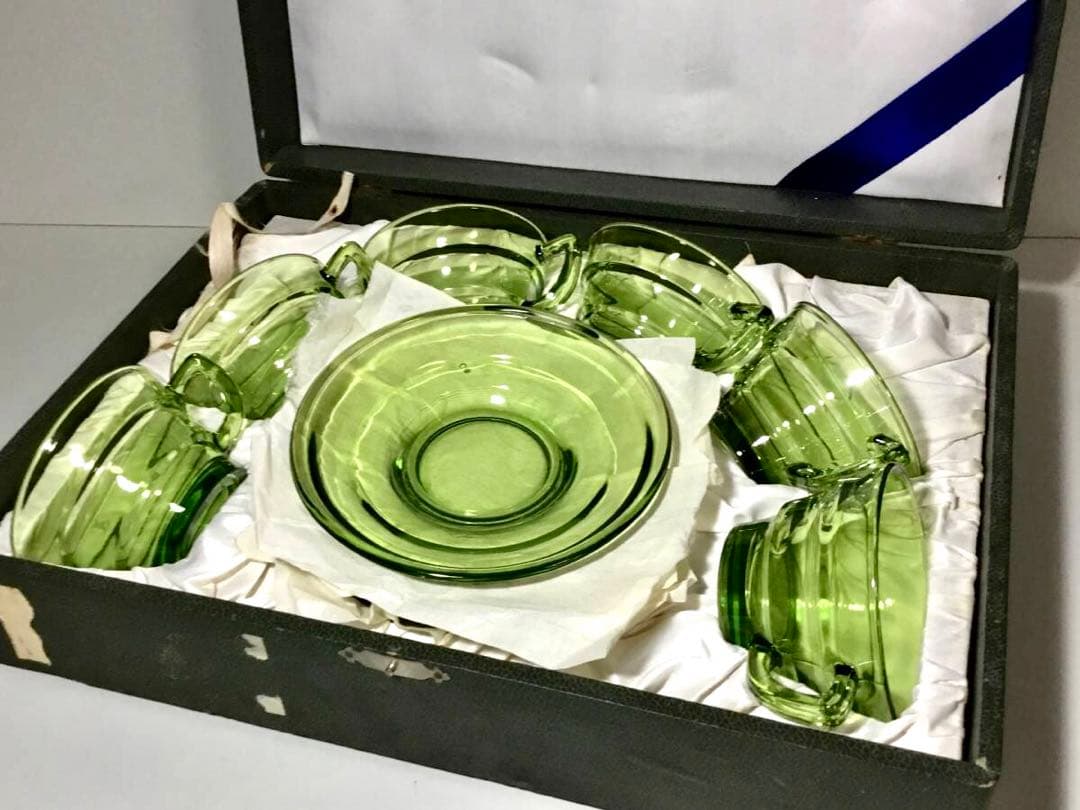 アールデコ◇ガラスカップ&ソーサー6客◇緑 グリーン 昭和レトロ