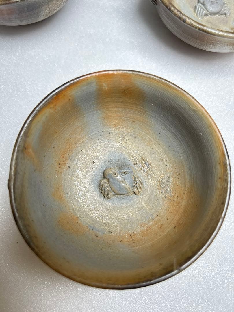 備前焼　盃　お猪口　小西陶古造　窯変細工浮彫 『蟹』　4個セット