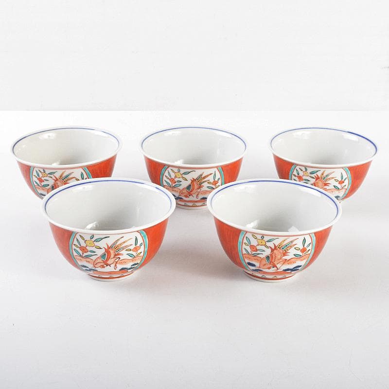 九谷焼 味渓窯 矢口永寿造 赤絵 花鳥文 汲出茶碗 五客 共箱 M R5223