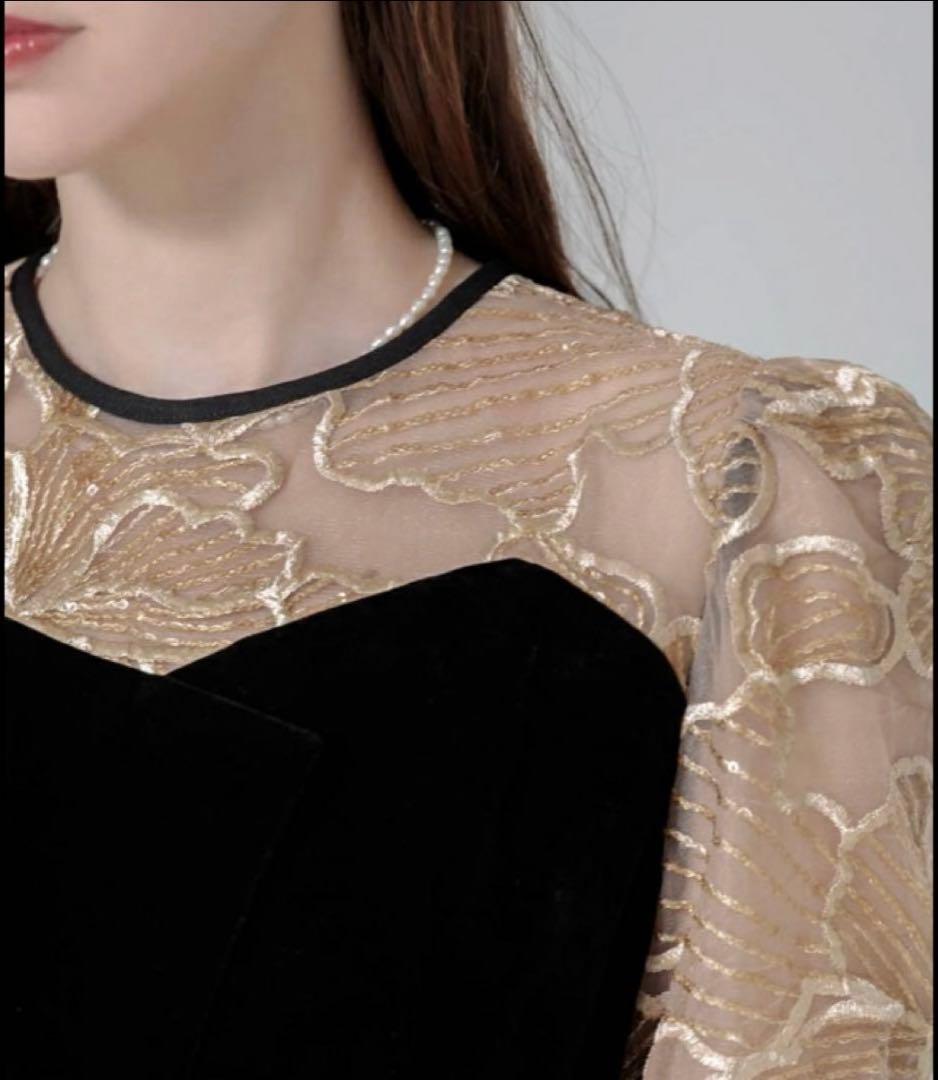 Leja オケージョンドレス　ベロア　ウエストベルト付 花柄レース　キラキラ刺繍