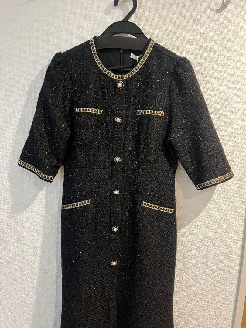 leja ラメツイードレザーパイピングパールマーメイドワンピースドレス