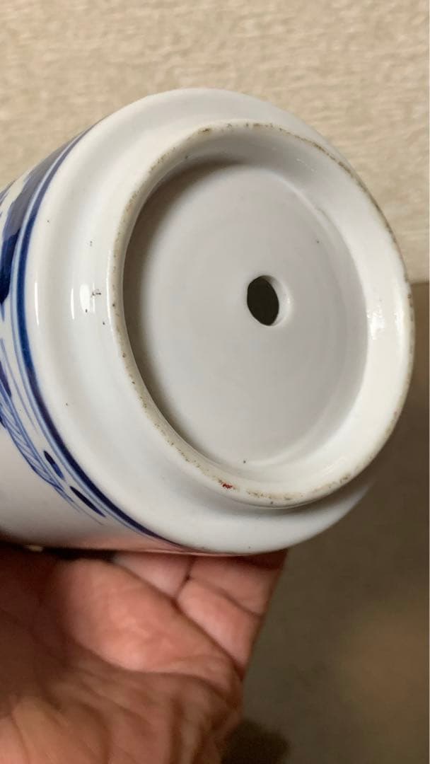 アンティーク シノワズリ 中国清朝中期 白磁染付 透かし彫り 青花 筆立