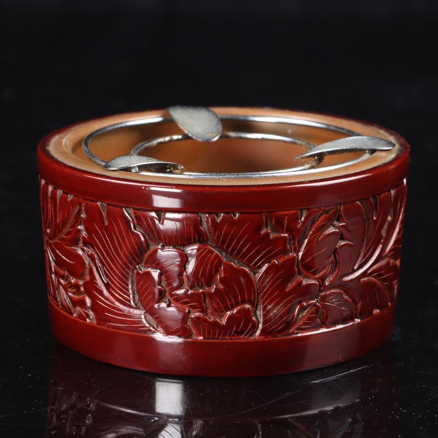 Y3272-5 彫師 渡辺明泉 朱塗 山水文 煙草盆組揃 共箱　　MM