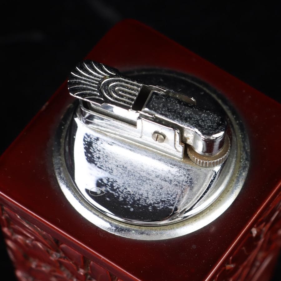 Y3272-5 彫師 渡辺明泉 朱塗 山水文 煙草盆組揃 共箱　　MM