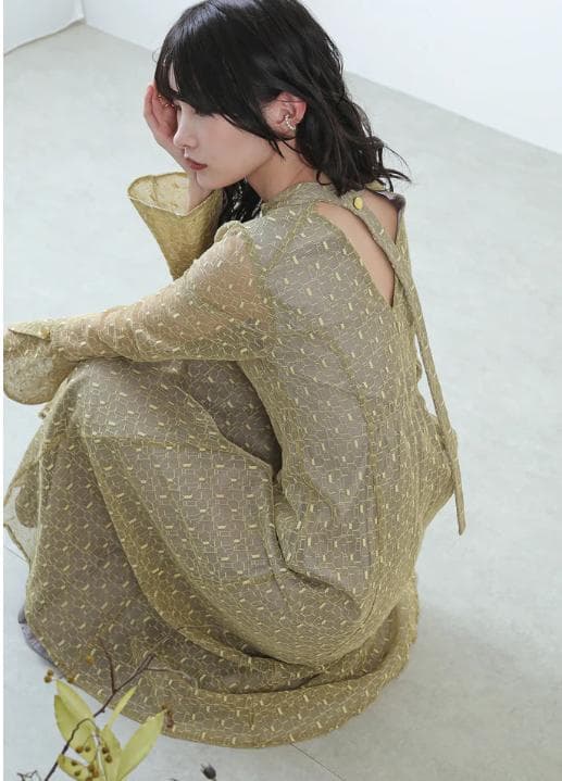 kana 幾何学柄 レース バックオープン ワンピース パーティードレス