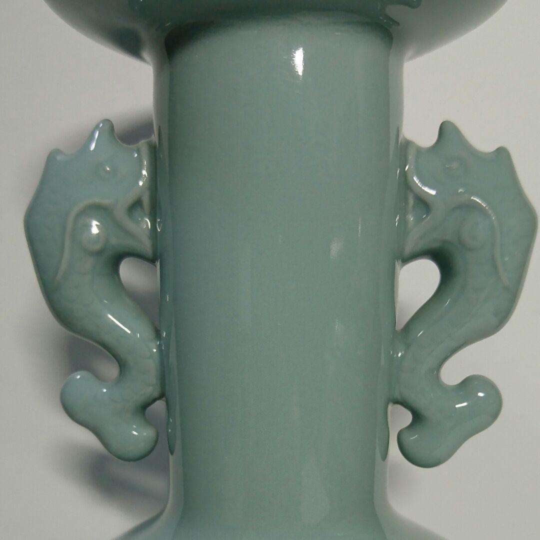 アウトレット 諏訪蘇山 三代 青瓷 鯱耳 花入 共箱 二重箱 青磁 骨董 玄