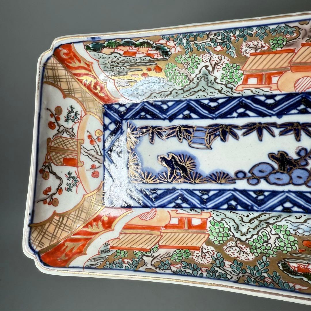 幕末〜明治期 上手 色絵風景画長皿 五客 絢爛豪華 緻密な