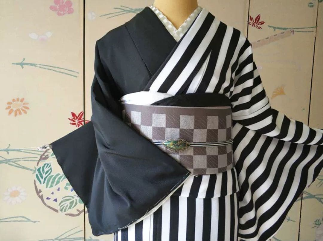 黒と白のストライプ小紋着物洗える単品