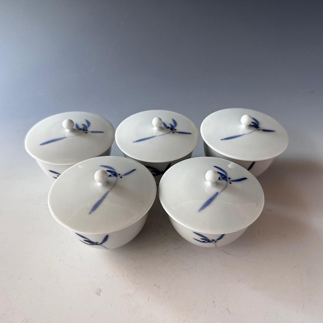 煎茶道具 村田亀水 染付 蘭絵 蓋付 煎茶碗 5客組