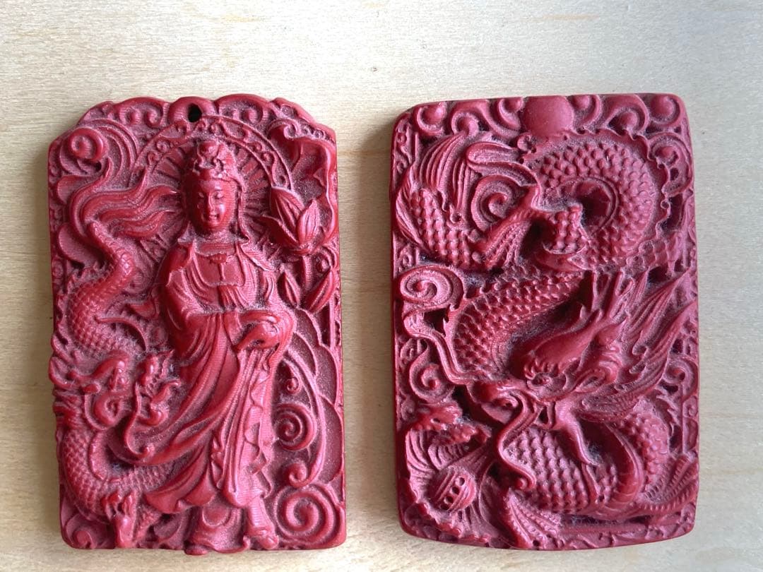 【一点物】龍＆観音⭐︎シナバー彫刻2点セット⭐︎開運・風水・アンティーク調　神龍⭐︎ 一点物】龍＆観音⭐︎シナバー彫刻2点セット⭐︎開運・風水